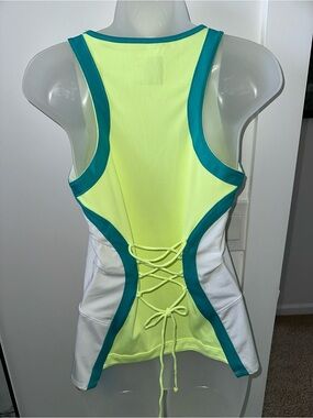 Lucky in Love Neon Yellow, Teal & White Lace-Back Tank Top